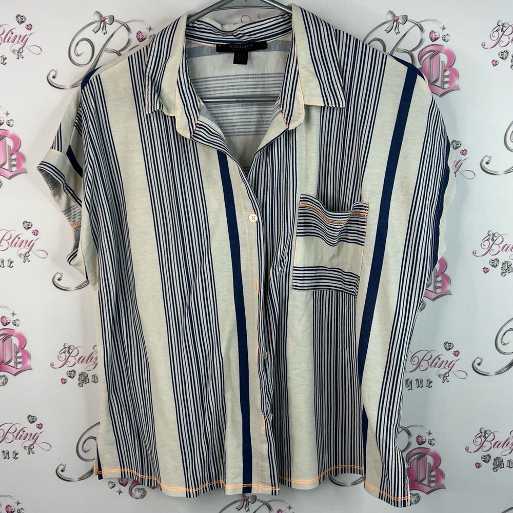 Midnight bakery button up shirt collared Stylish Navy Cream orange Striped Shirt